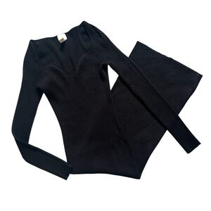 H&M Ribbed‎ Sweetheart Long Sleeve Midi Bodycon Dress Black Size L